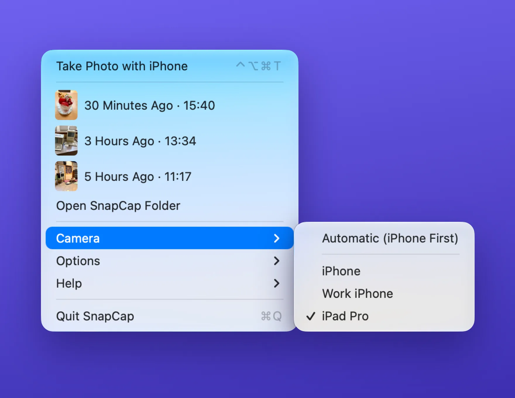 The Camera submenu listing Automatic, iPhone, Work iPhone, and iPad Pro, with iPad Pro selected.