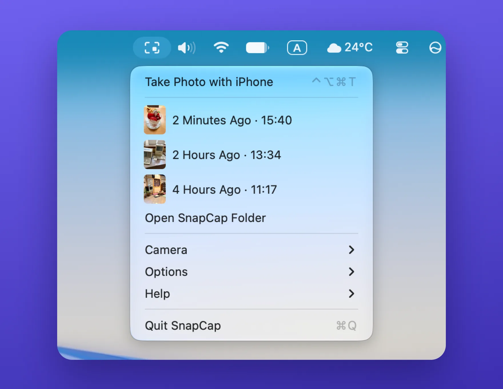 The SnapCap menu with Take Photo with iPhone, three recent photos, and Open SnapCap Folder.